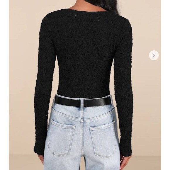 NWT LULUS Black Sz M Textured Bodysuit Long Sleeve Notch Neck Stretch Comfy - Picture 2 of 6